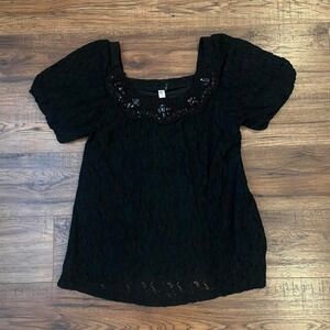 Black Lace Beaded Top Women Small Puff Sleeve Whimsygoth Fairycore Boho‎ Goth